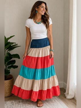 Boho Tiered Maxi Skirt Colorblock Cotton Spanner Size 6 Resort Vacation